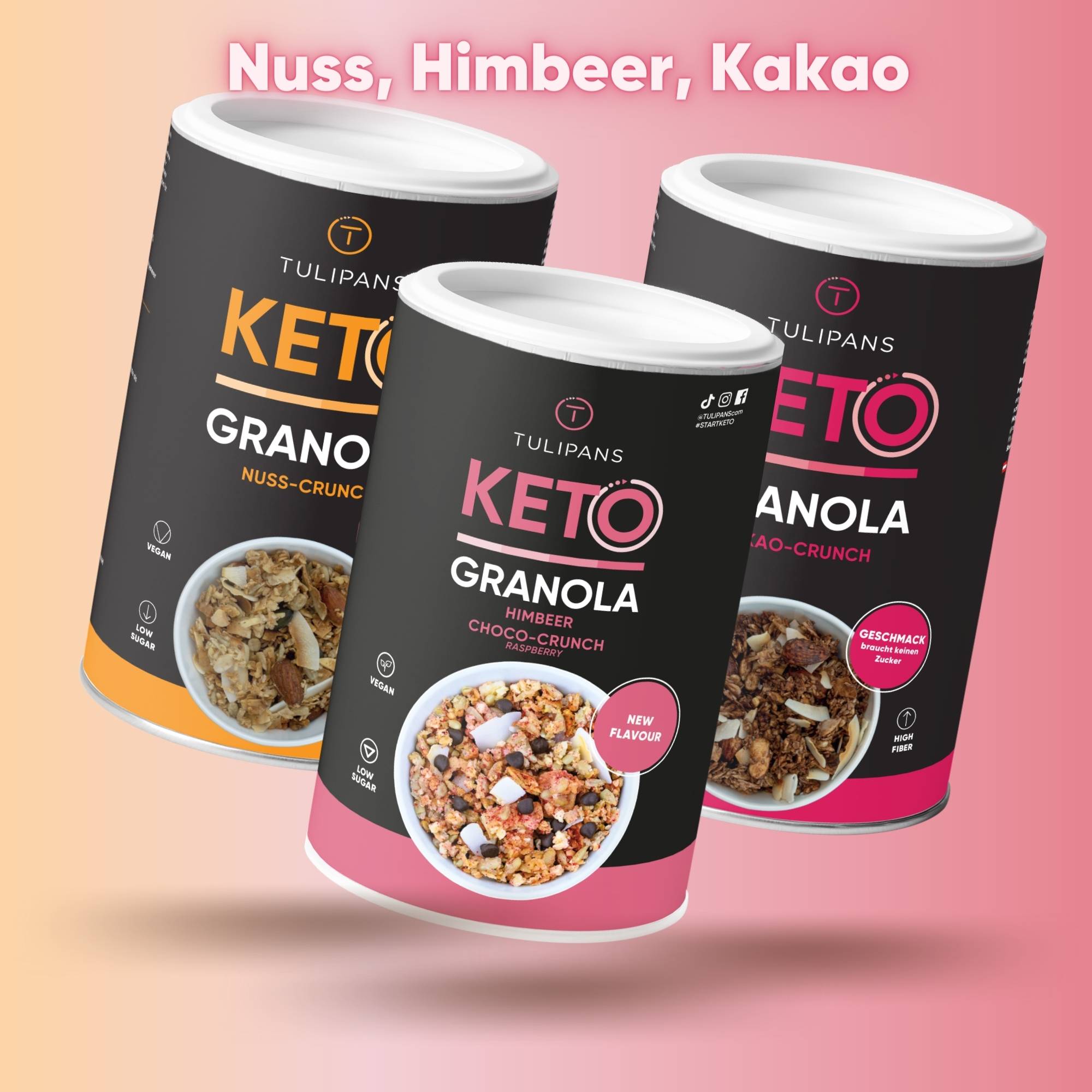 [Paket] KETO GRANOLA 3er MIX Himbeer-Choco-, Nuss- und Kakao-Crunch 3x250g